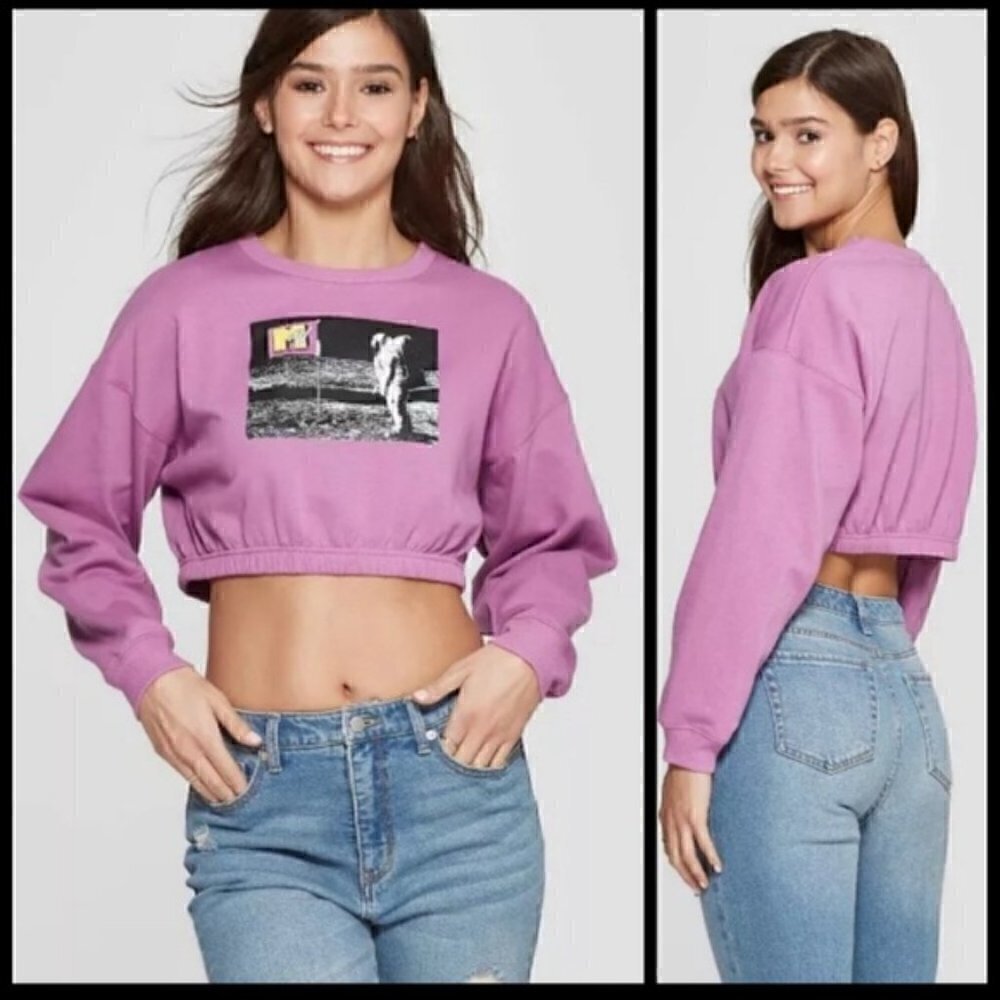 MTV Cropped Sweatshirt S Retro Moon Man Vintage Graphic 80s 90s Y2K 2000s - Picture 3 of 13